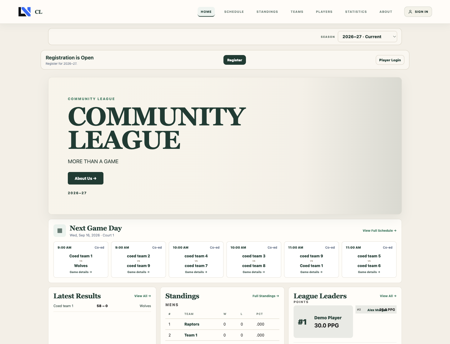 Demo LeagueNexa public league website